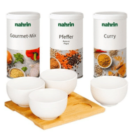 Подарочный набор NAHRIN. 3 разных специи и 4 пиалы для соусов.